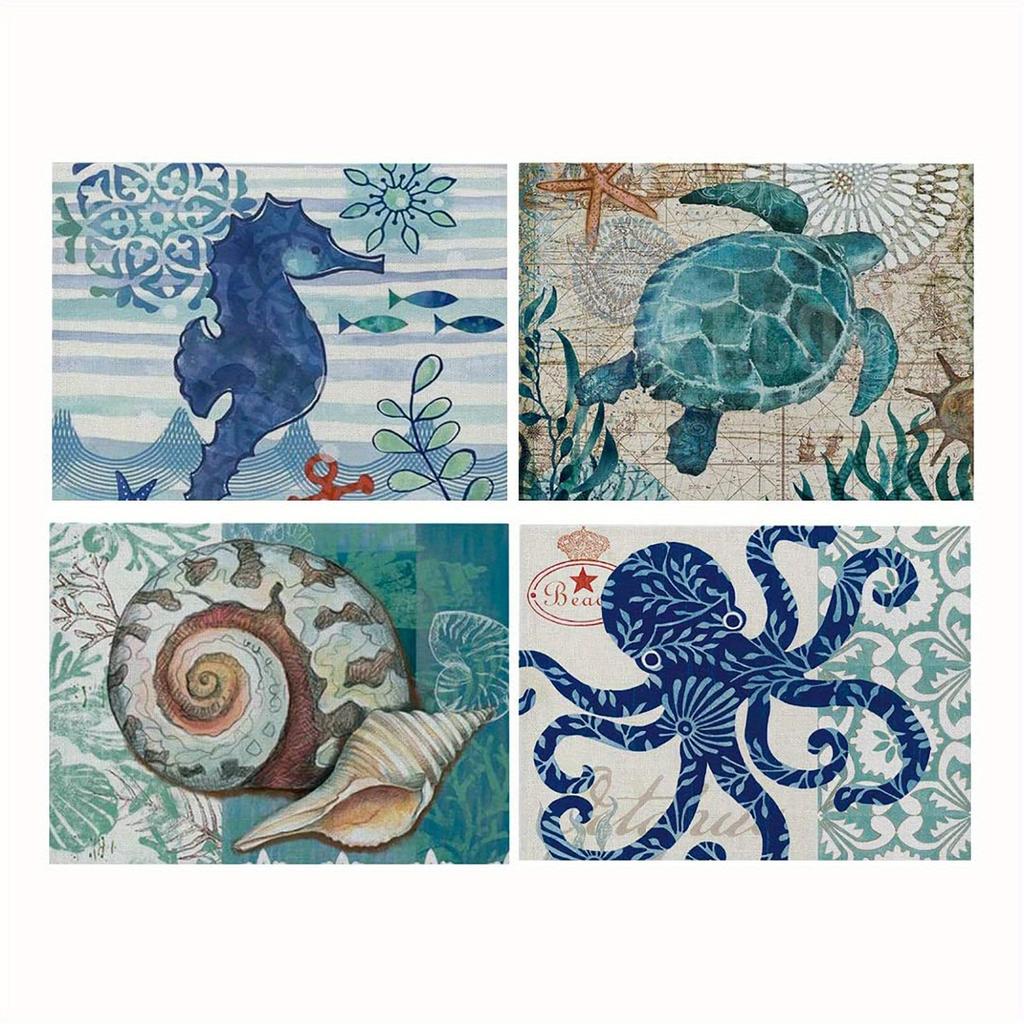 1pc Vintage Ocean Style Encrypted Linen Placemat, Summer Style Seahorse/Starfish/Seashell/Conch Table Mat, Tabletop Protection