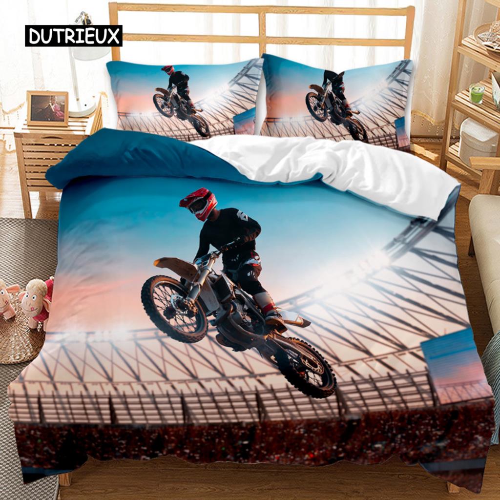 Motorcycle Duvet Cover Set Motocross Racing Bedding Dirt Bike Extreme Sports for Men Teens Boys Kids Polyester Comforter Cover