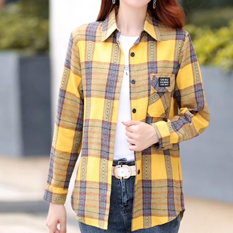 Tops de algodón liso para primavera y otoño, camisas de manga larga con solapa, abrigo para mujer, camisa a cuadros Retro cepillada, talla asiática