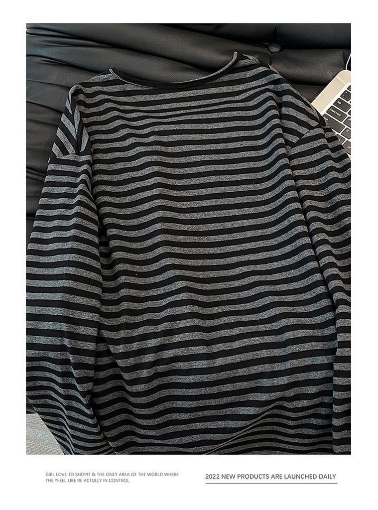 Damernas Oversized Svart och Grårandiga Långärmade T-shirt - Hösten 2025 Stil