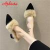 Aphixta Warm Real Rabbit Hair Slippers Women Shoes Winter Pointed Toe Luxury Real Fur Square Heel Lady Mujer Indoor Slides