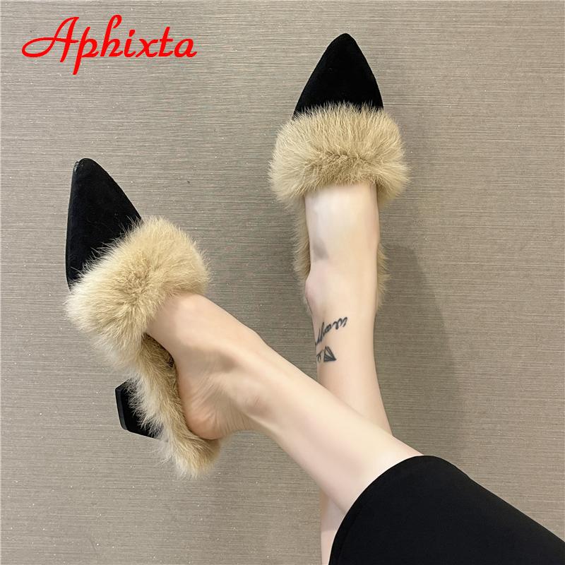Aphixta Warm Real Rabbit Hair Slippers Women Shoes Winter Pointed Toe Luxury Real Fur Square Heel Lady Mujer Indoor Slides