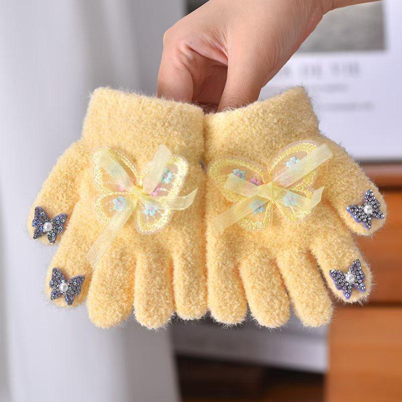 New gloves flower bow full-finger gloves autumn and winter girl finger cute warm thickened cold-proof granular velvet