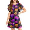 Children's ruffled sleeve dress with round neckline, A-line style, casual Halloween print dress