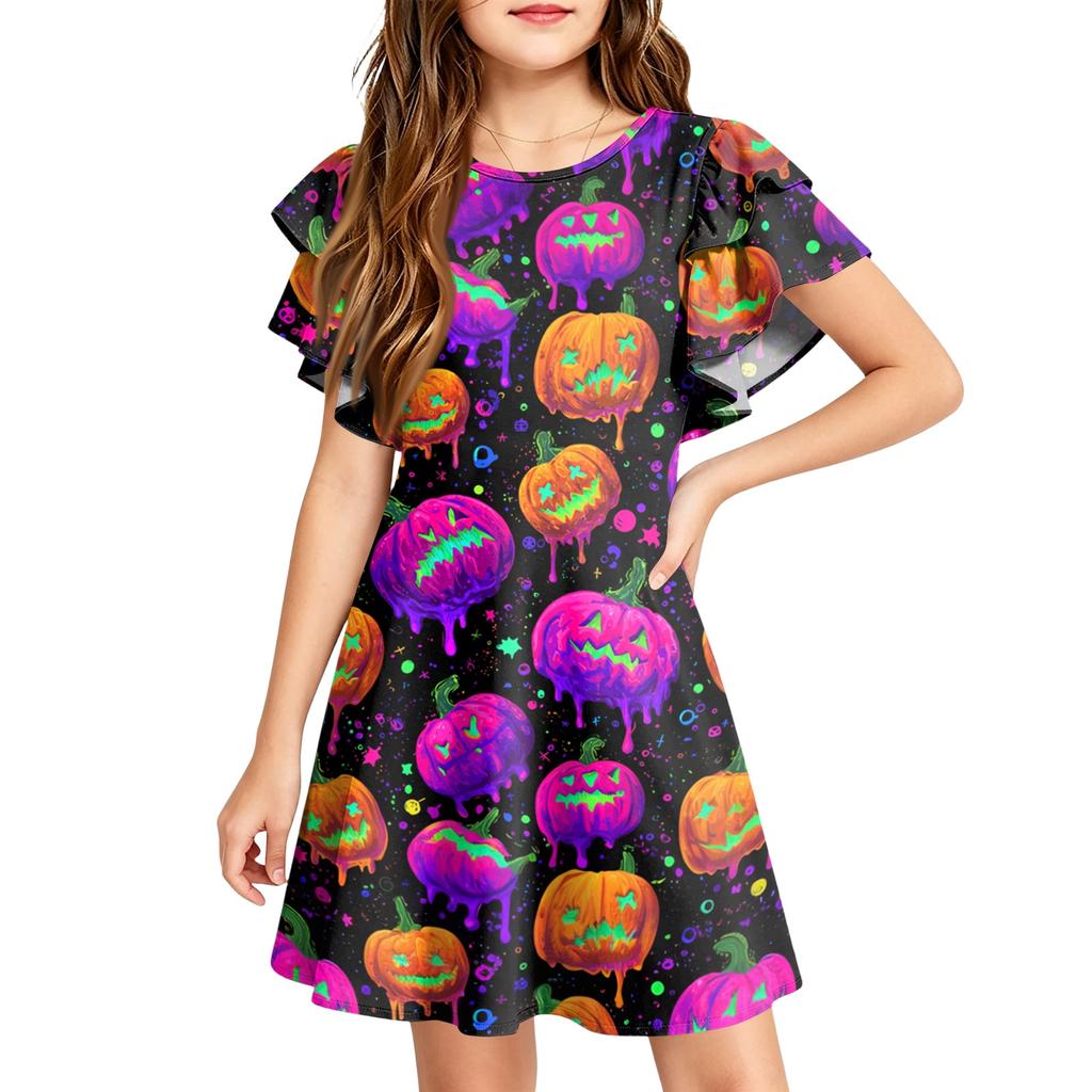 Children's ruffled sleeve dress with round neckline, A-line style, casual Halloween print dress