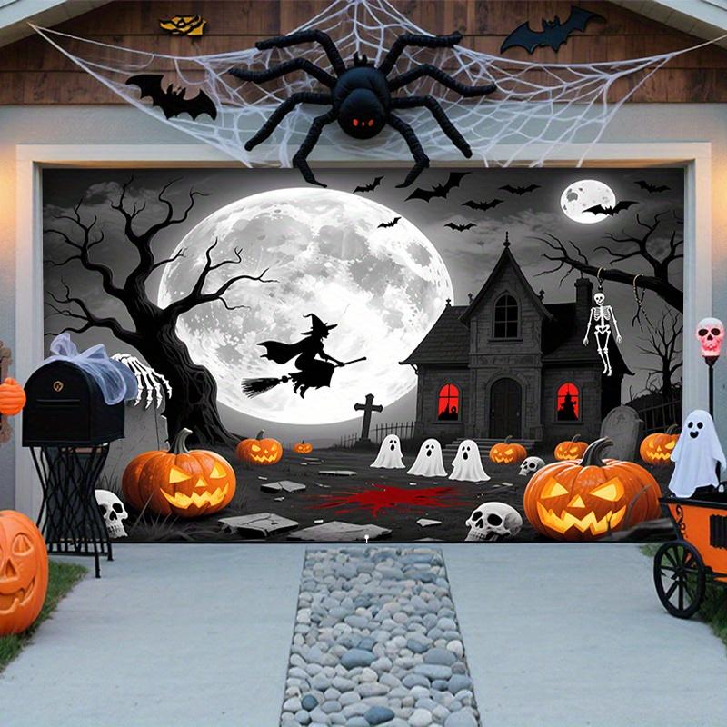 Halloween garage door backdrop featuring witches ghosts and pumpkin lanterns showcasing a cemetery under moonlight