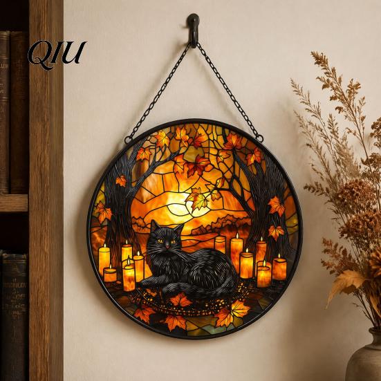 Unique Birthday Gift for Her Halloween Moon Black Cat Suncatcher Jigsaw Puzzle, 2D Acrylic Mystical Feline Window Hanging Educational Handmade Art Kit