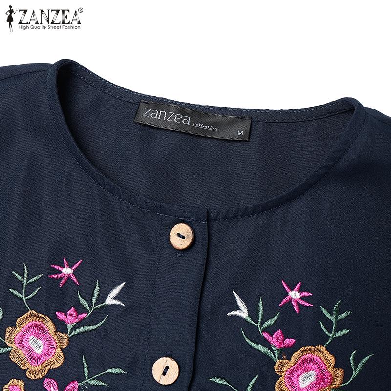 ZANZEA Women Casual O-neck Loose Long Sleeve Floral Embroidery Dress