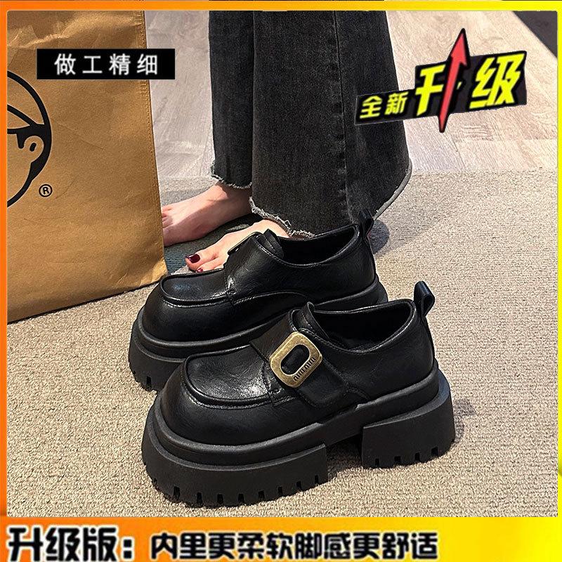 Thick-soled heightening loafers women's spring 2025 new British style black small leather shoes genuine leather single shoes children