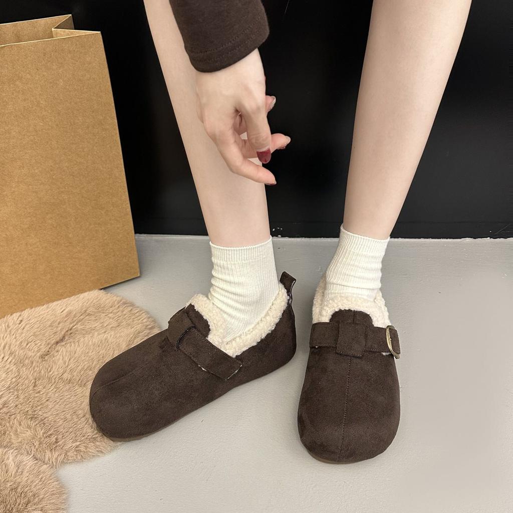 Versatile Boken Shoes Women's Velvet and Thicker 2025 Winter Casual Fashion New Warm One-pedal Cotton Shoes
