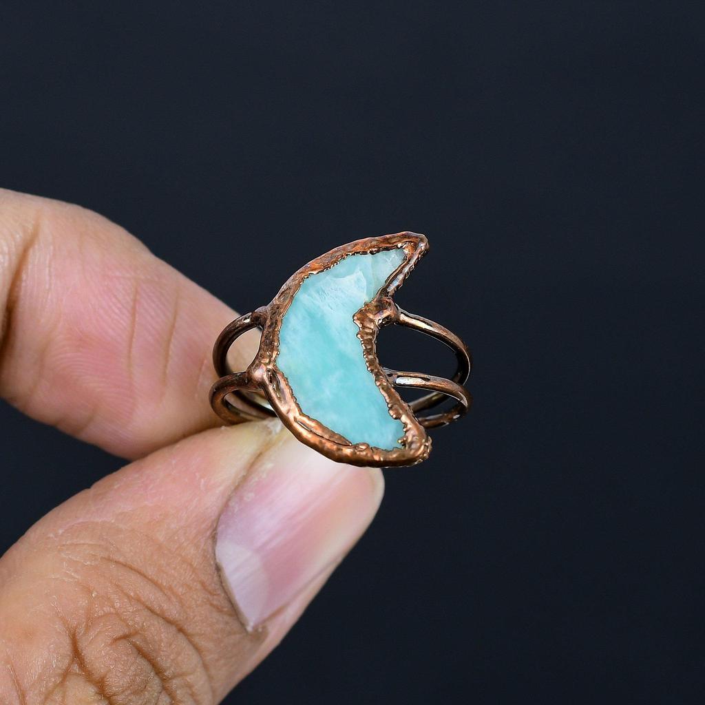 Larimar Handmade Gemstone Ring, Copper Electroformed Ring Antique Jewelry, Adjustable Ring Engagement Gift