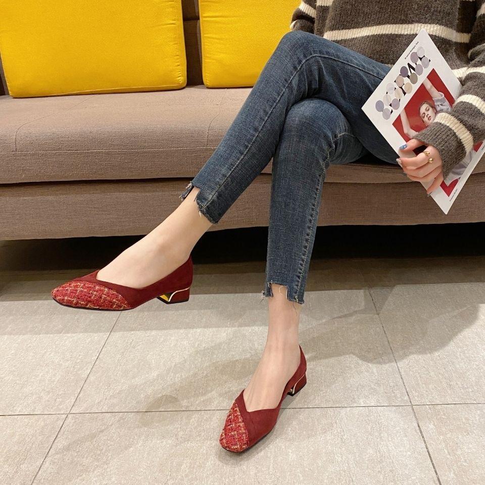 Vår Sommar Kvinnor Höga Klackar Eleganta Dam Pumps Mjukt Tyg Fyrkantig Klack 3.5cm Svart Blå Röd Plus Storlek 42