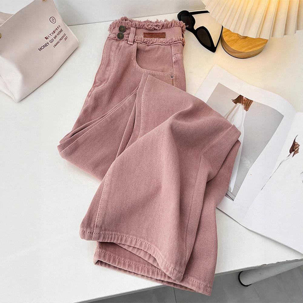 Rough Edge Pink Wide-leg Jeans Women's Summer Versatile Straight Loose Thin Long Pants Trendy Dusty Pink Straight-leg Jeans, High-waisted Casual Pants