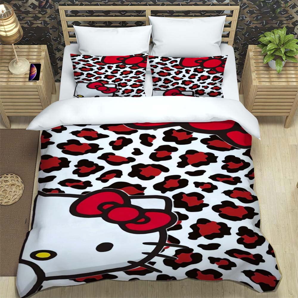 3D Printed Cartoon Leopard Print Hello Kitty Duvet Cover and Pillowcase Set - Home Decor, Creative Plus Size Bedding Set, 01