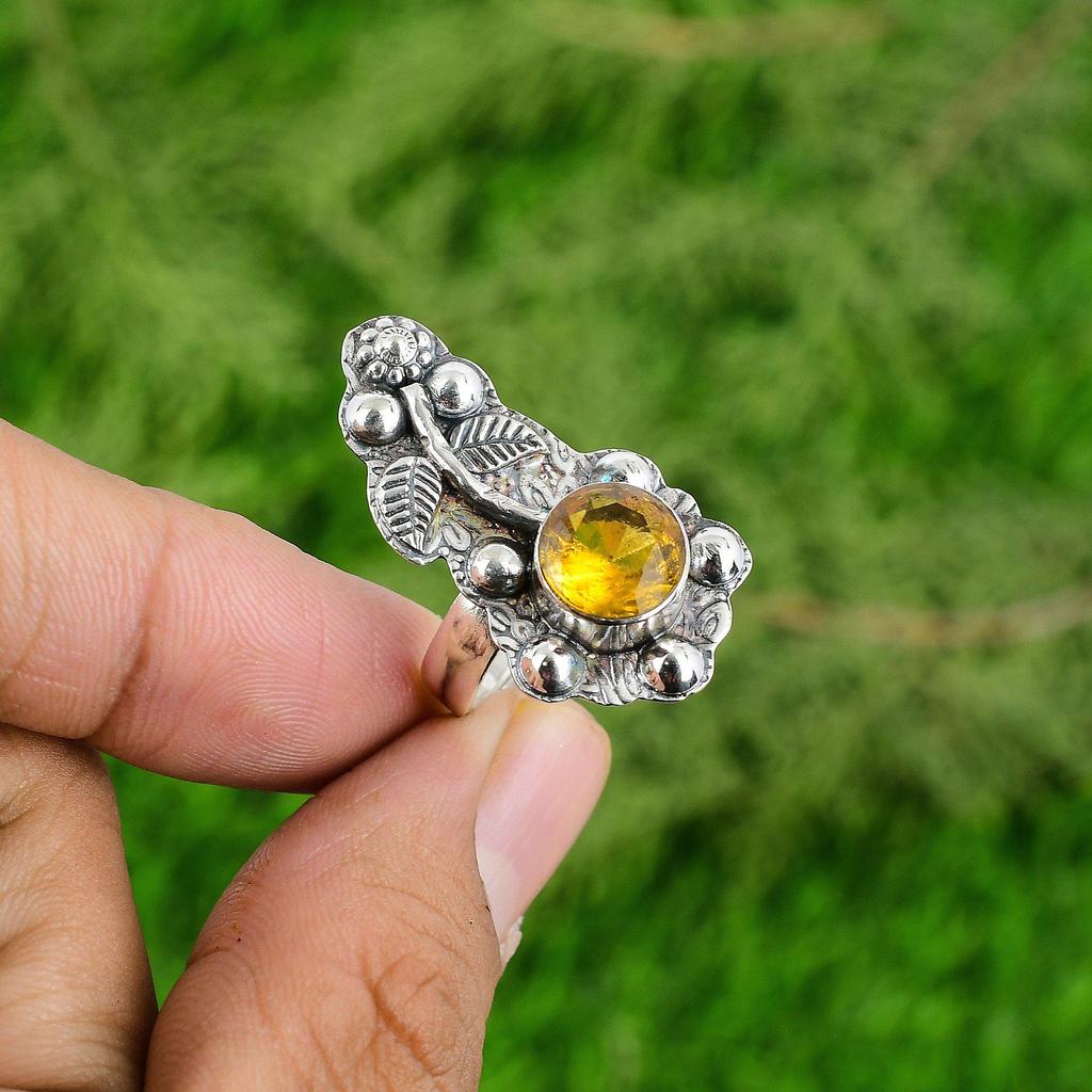 Mothers day Sale 925 Sterling Silver Citrine Gemstone Bezel Flower Promise Ring