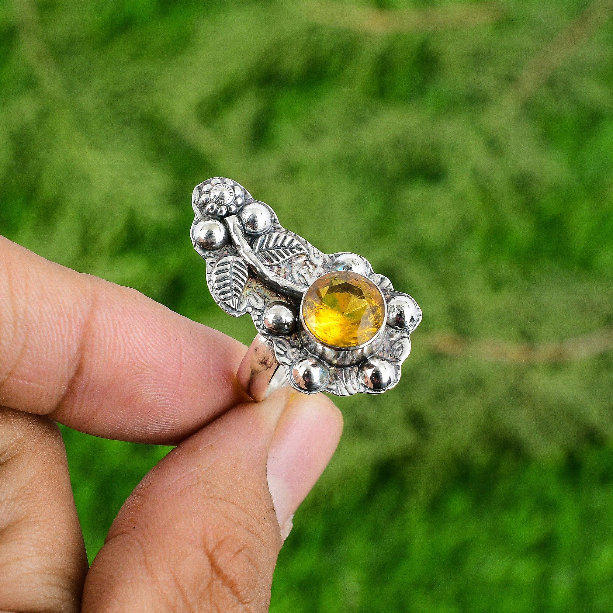 

Mothers day Sale 925 Sterling Silver Citrine Gemstone Bezel Flower Promise Ring Adjustable