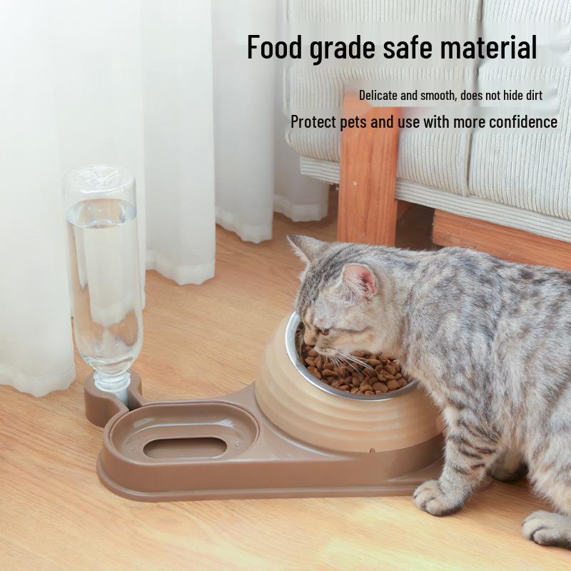 Multi-Function Pet Bowl: Dog Feeding & Drinking, Cat Slow Feeder, Slanted Design, Neck Protection, Non-Slip, Stainless Steel.