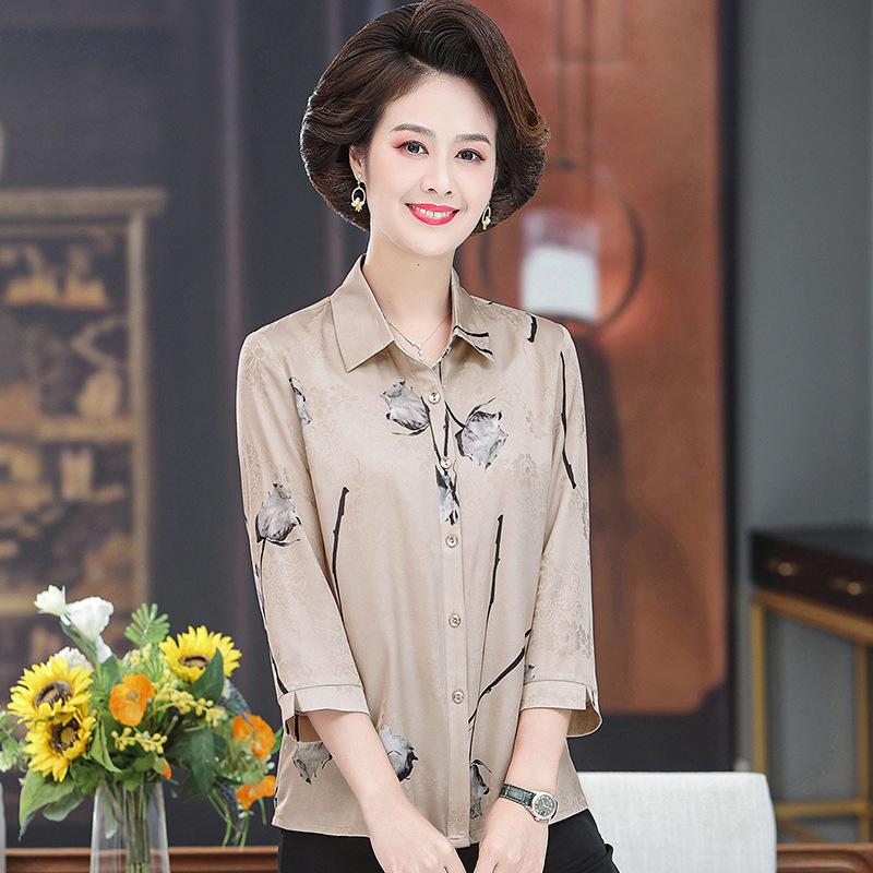 

Silk Floral Three-Quarter Sleeve Shirt for Middle-Aged Women L (Approx 80-100 lbs) хаки