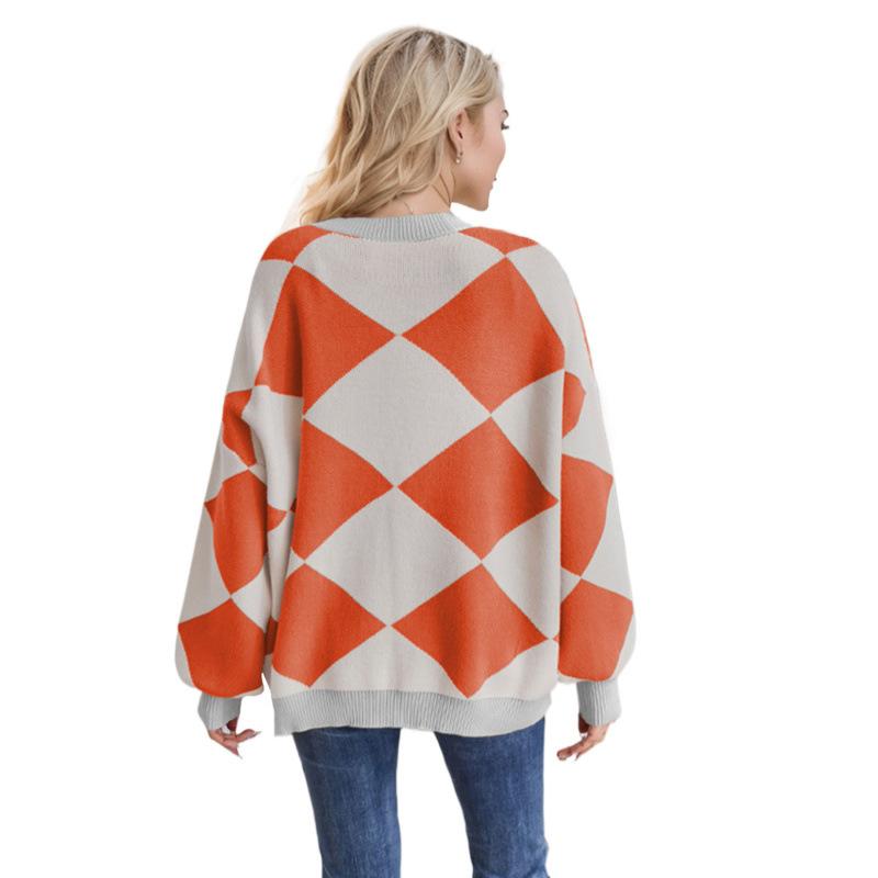 Women Color Block Loose Cardigan Button Knit Sweater Fall and Winter Coatigan