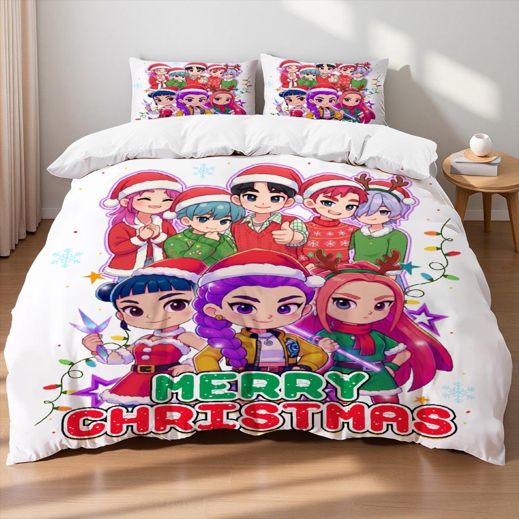 Christmas K-Pop  Demon Hunters Themed Colorful Print Polyester Student Dormitory Bed Sheet Duvet Cover Kid Gift Home Textile