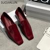 Spring New Brand Women Flat Shoes Fashion Square Toe Slip On Ladies Elegant Red Boat Shoes Soft Flat Heel Loafers