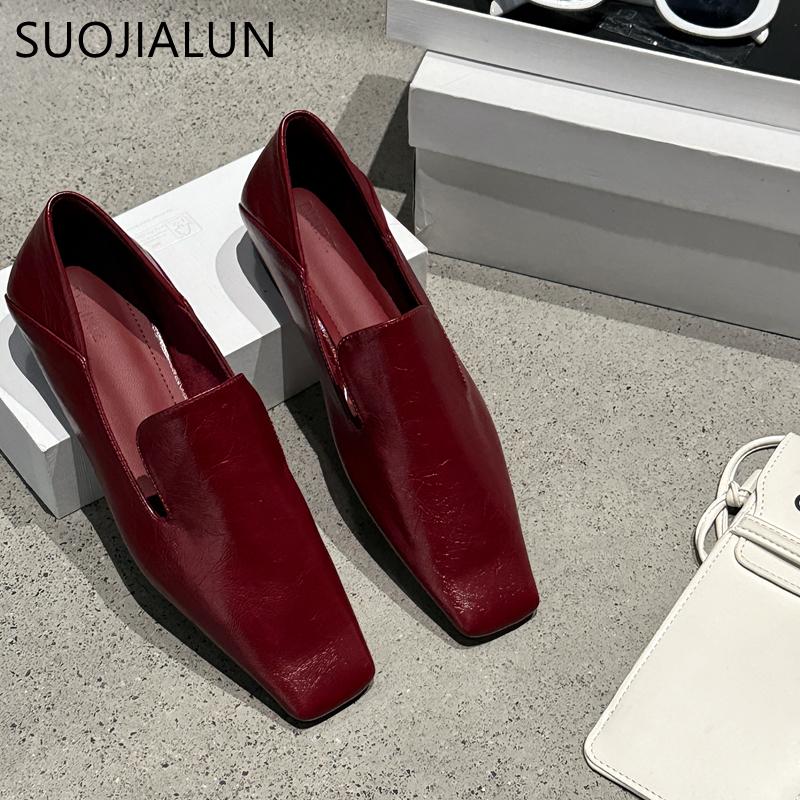 Spring New Brand Women Flat Shoes Fashion Square Toe Slip On Ladies Elegant Red Boat Shoes Soft Flat Heel Loafers