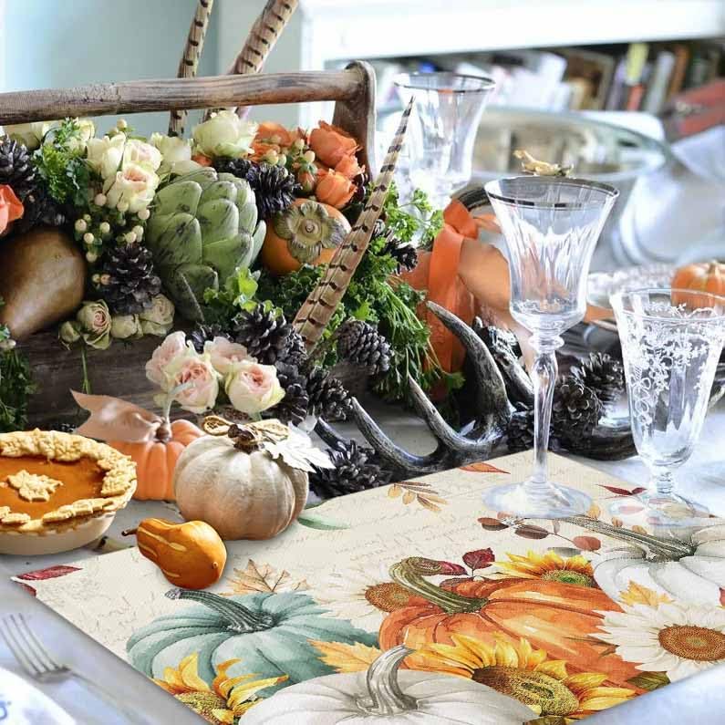 Fall Placemats Set of 6 Thanksgiving Pumpkin Table Mats, Farmhouse Sunflower Seasonal Holiday Outdoor Dining Table Place Mats for Home Party