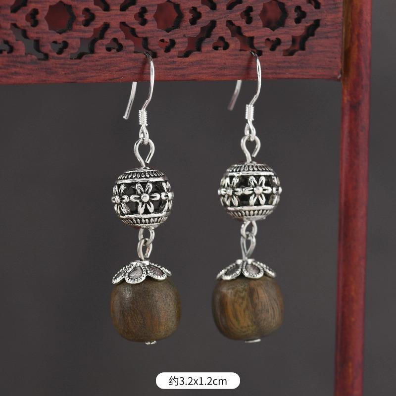 Original Zen Sandalwood Earrings, Retro Literary and Medium Earrings, High-end S925 Silver Hook Earrings for Women