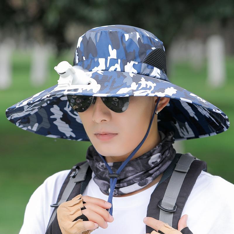 New sun hat with fan men's and women's summer outdoor fishing sun protection hat face cover print mountaineering big eaves bucket hat