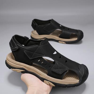 Nouvelles Sandales d'Été Respirantes Mode Chaussures Homme Cuir Véritable Extérieur Homme Sandales Creuses Antidérapantes Sandales de Plage Plates Chaussures