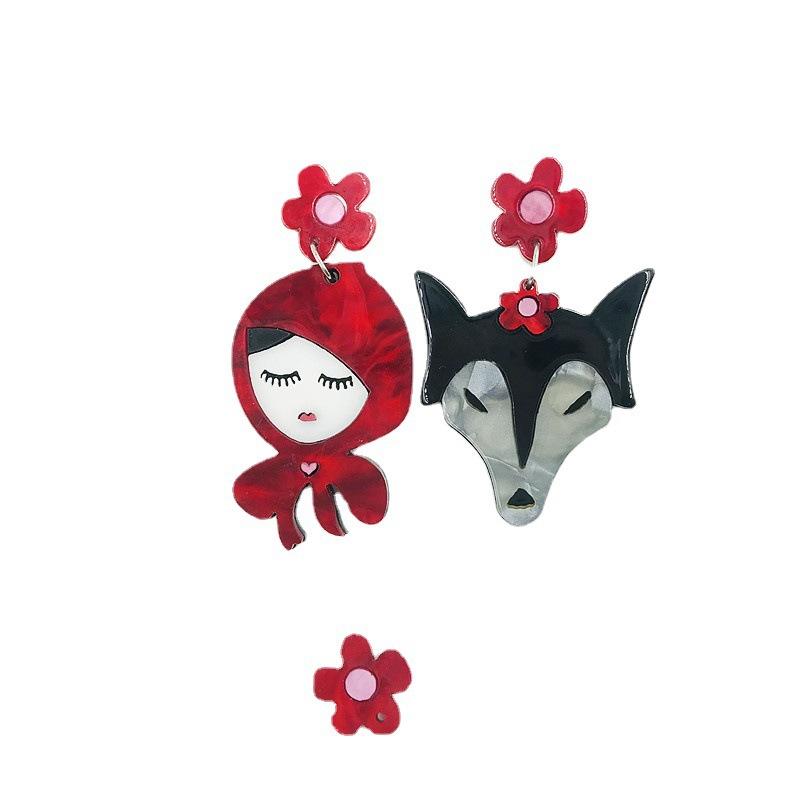 

Европейский и американский дизайн Серый волк Красная шапочка Серьги Акриловые асимметричные модные серьги белый