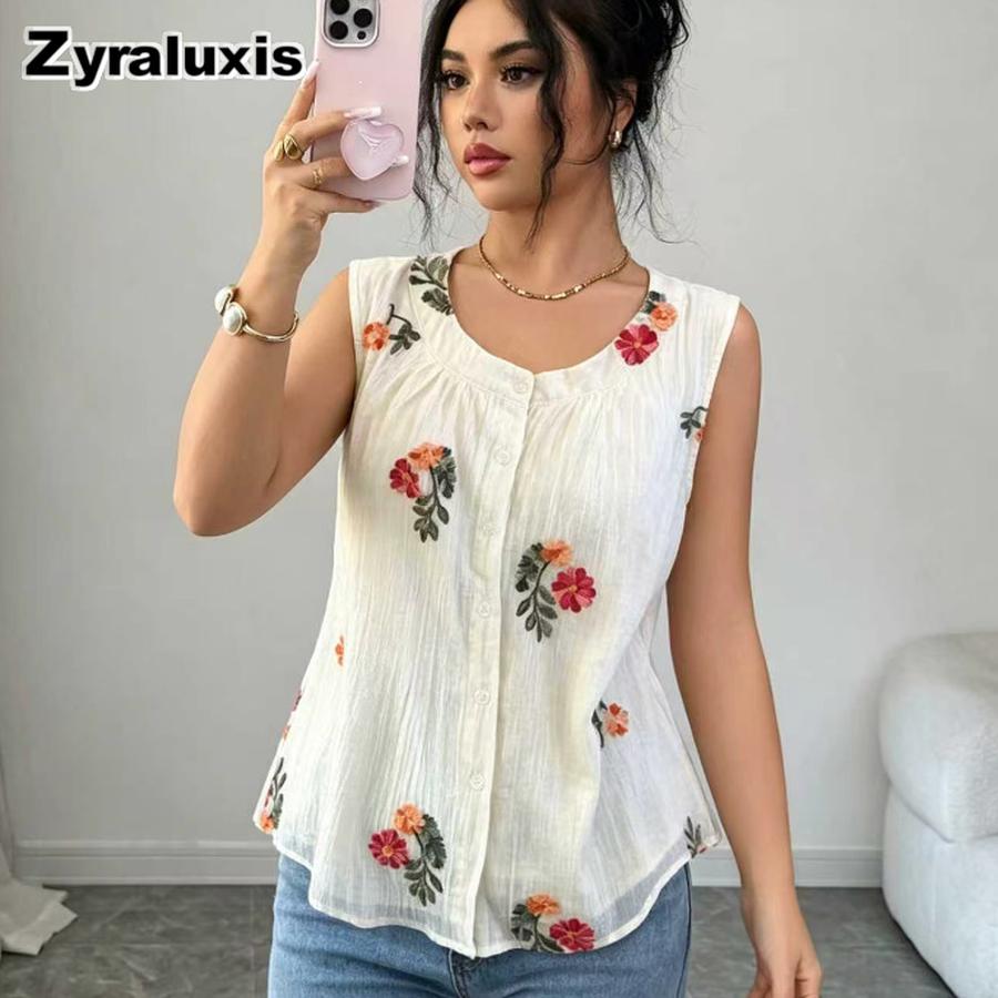 Women's Summer New French Elegant Casual Embroidery Fabric Stand Collar Sleeveless Shirt for Office Commute