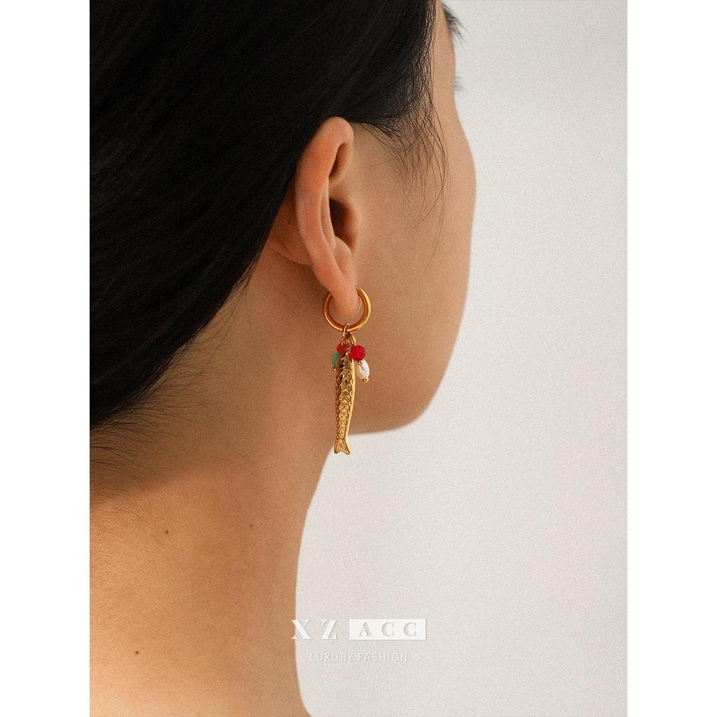 European and American Style Colorful Pearl Fish Earrings in 18k Gold and Titanium Steel