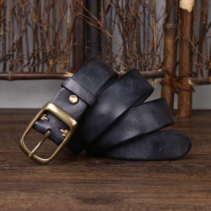 Unisex Retro Genuine Leather Belt with Pin Buckle for Jeans