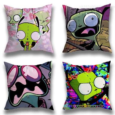 Housse d'oreiller verte Invader ZIM Carrée Impression double face Peluche courte Housse de coussin de canapé Chambre Chevet