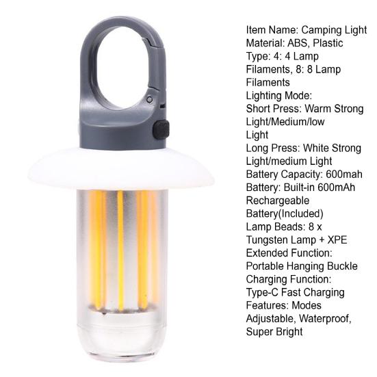 Światło kempingowe 2 w 1 z haczykiem Tryby Regulowane Przenośne Ładowane przez USB-C Super Jasne