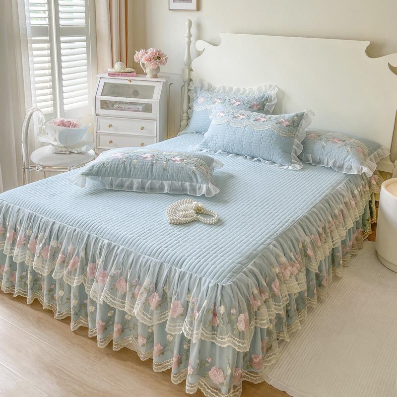 

Thickened Anti-Slip Mattress Double-Layer Lace Bed Skirt Piece Korean Style Princess-Style Mattress Cover Suitable All Seasons pillowcases 2pcs синий