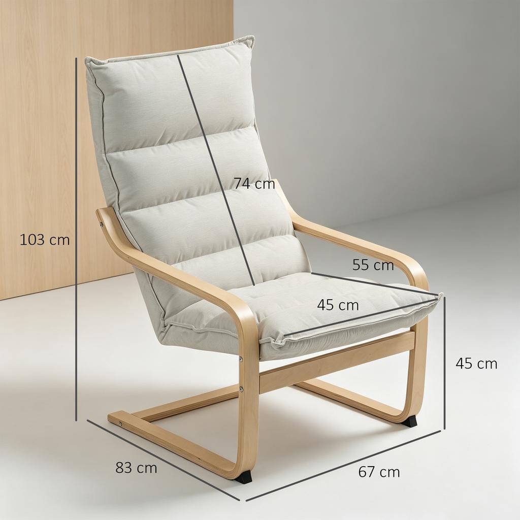 Living room armchair modern leisure armchair bedroom armchair with curved armrests, cushions, 67 x 83 x 105 cm, cream