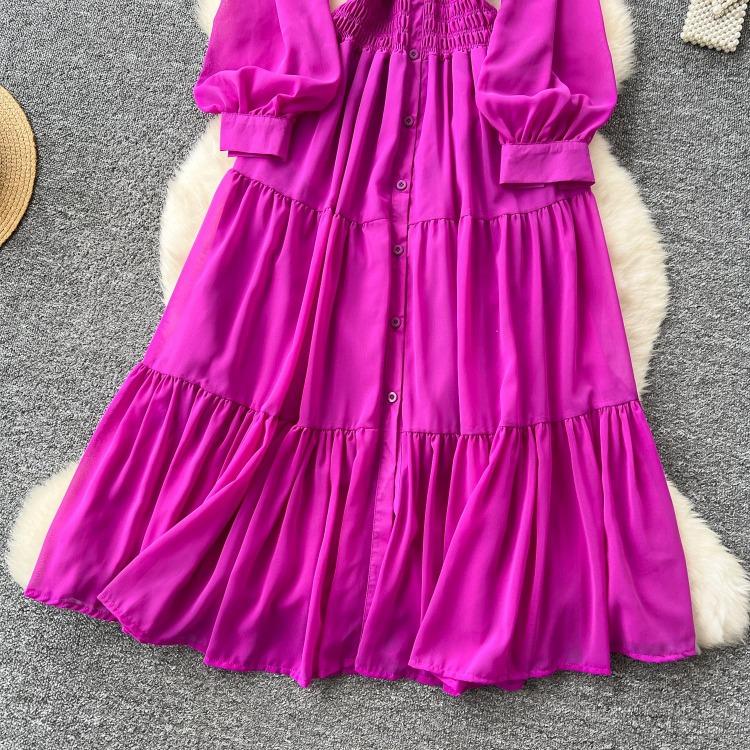 Women's Casual Dresses - Spring Autumn Women Vintage Draped Long Maxi Dress A Line Single Breasted Long Sleeve Turn Down Collar Red Green Purple