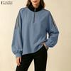 ZANZEA Women Casual Stand Collar Splice Long Sleeve Blouse Tops
