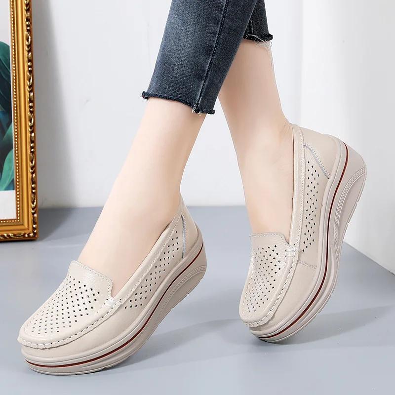 Spring Autumn Women Flats Platform Loafers Ladies Leather Comfort Wedge Moccasins Orthopedic Slip On Casual Shoe Plus Sizes