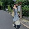 [Welcome to Kanban] Red fake two-piece plaid lace suspender dress women's summer seaside vacation dress