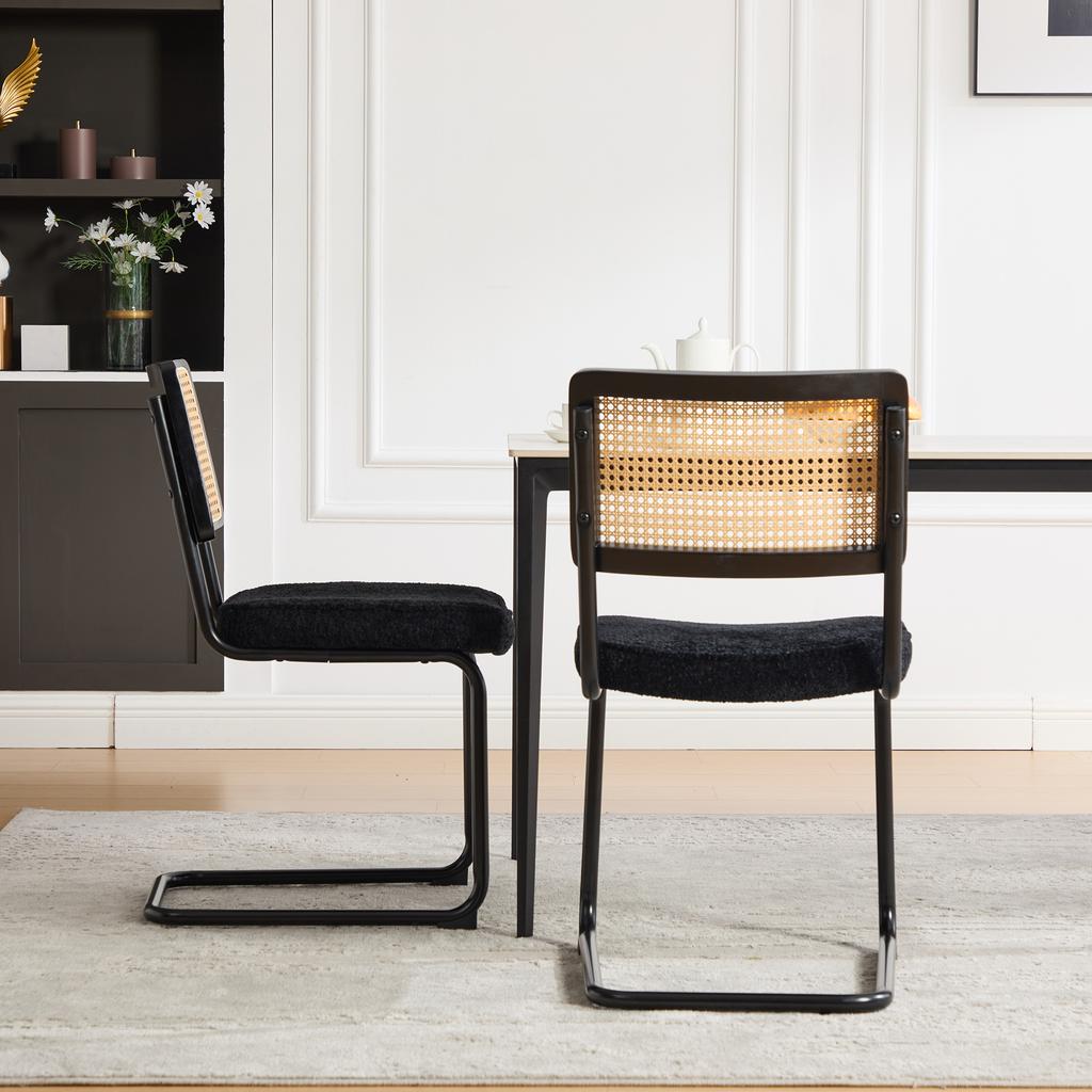Modern Rattan Dining Chair with Black Metal Frame, Synthetic Cane Back & Chenille Seat Cushion for Kitchen, Living Room, Bedroom-Black