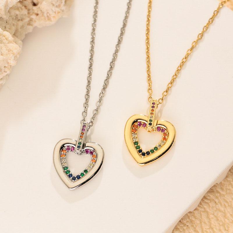 Gold & Silver Plated Rainbow CZ Hollow Heart Necklace, Delicate Jewelry for Women