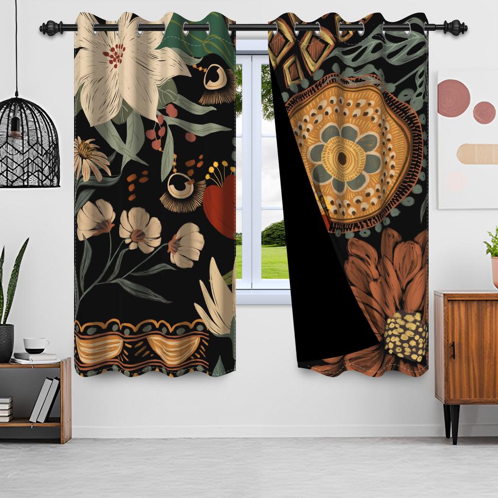 2Pcs/Set Boho Floral Blackout Curtains For Bedroom Vintage Bohemian Tropical Flowers Interior Curtains Grommet Top Window Drapes