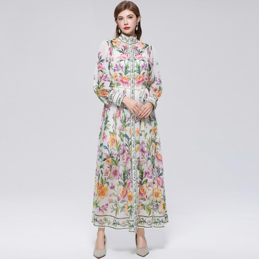 Robe de plage florale magnifique pour les vacances Printemps Été 2026 pour femmes Manches lanterne à col montant Boutonnage simple Ceintures Robe ample en mousseline