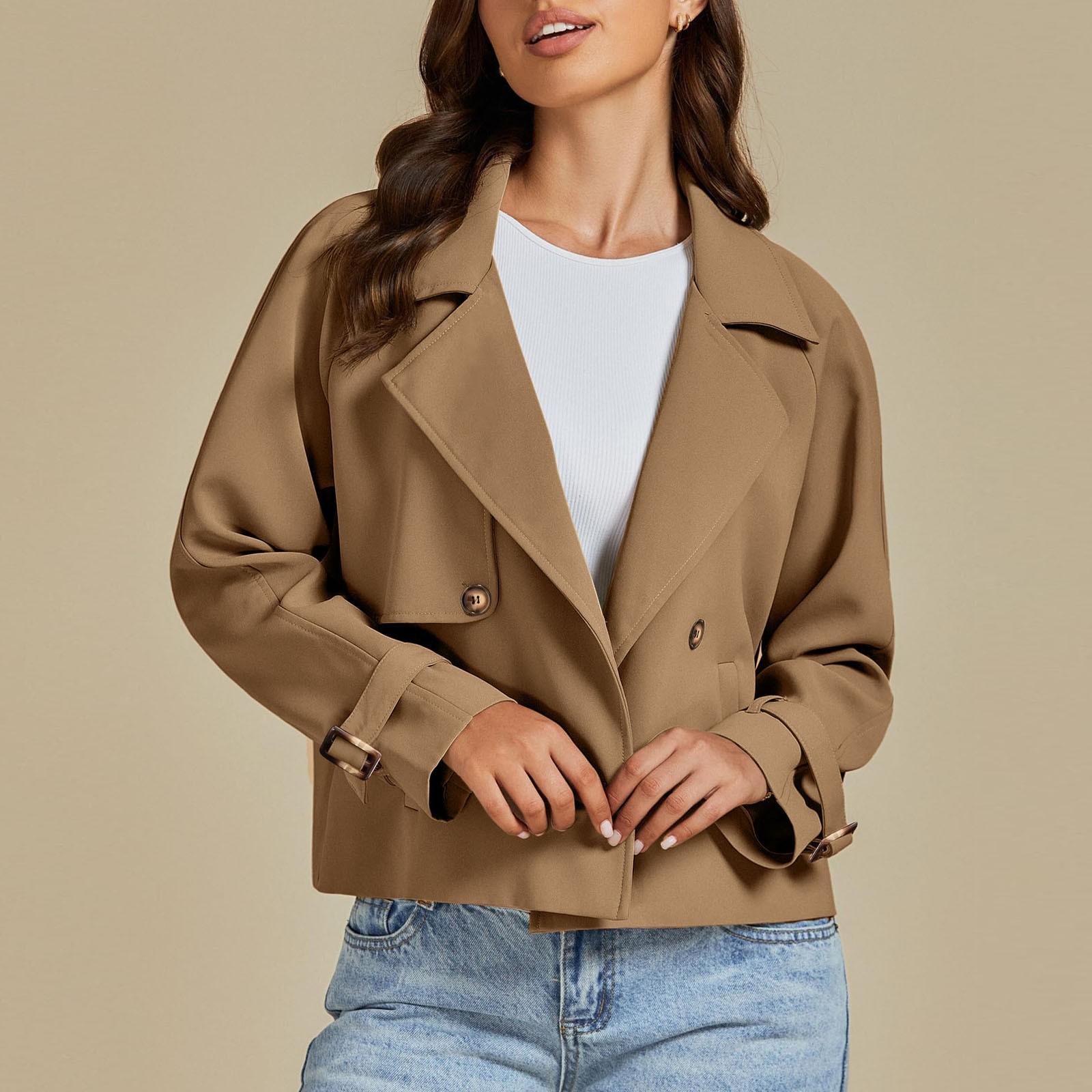 

Женский однотонный короткий тренчкот с лацканами, длинный рукав, двубортный повседневный пиджак, шерстяное пальто XL светло-коричневого