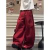 Large size American retro deconstruction multi-pocket tooling jeans women's design sense red loose wide-leg floor-mopping trousers