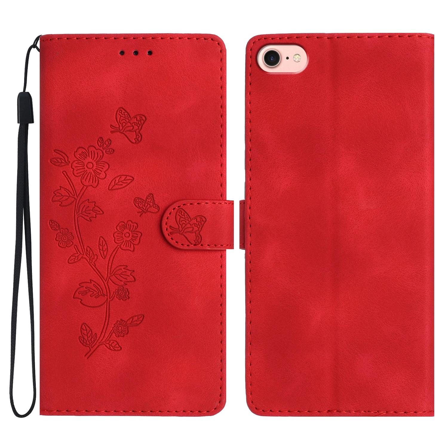 

For iPhone 16e Case Leather Imprinted Flower Phone Cover Wallet with Wrist Strap Red
