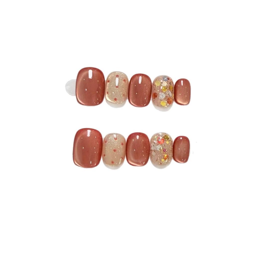 Autumn/Winter Elegant Black Tea Milk Jelly Cat Eye Nails with Sequins - Skin-Whitening, Detachable, New Style Manicure.